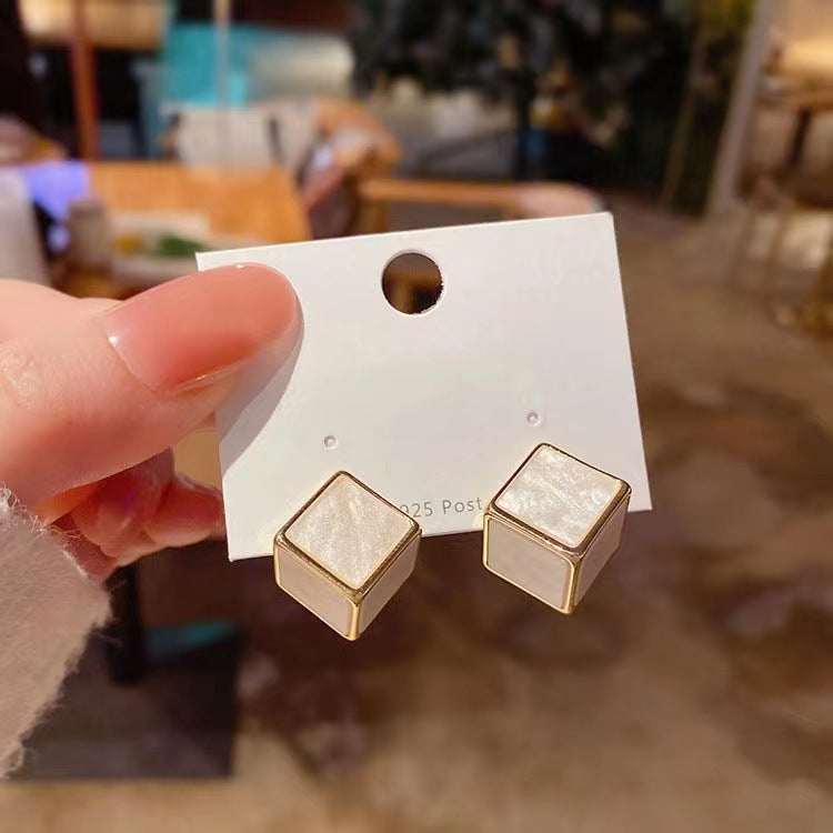 Women's Fashion Simple Three-dimensional Square Sier Needle Earrings
