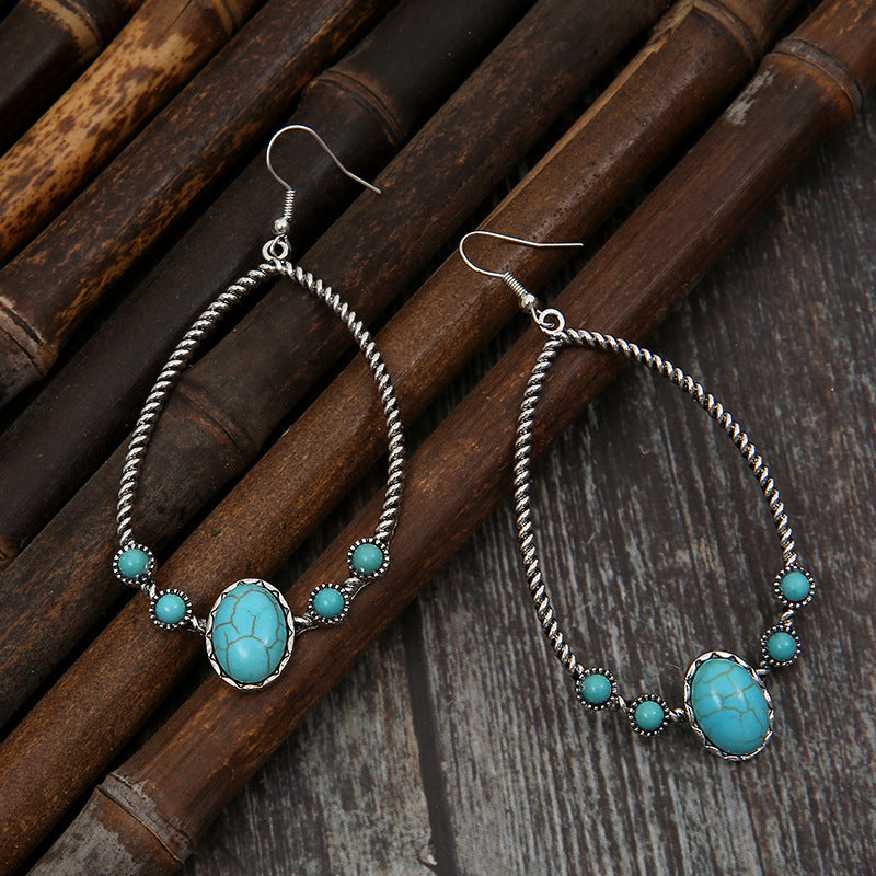 Retro Exaggerated Water Drop Turquoise Inlaid Earrings