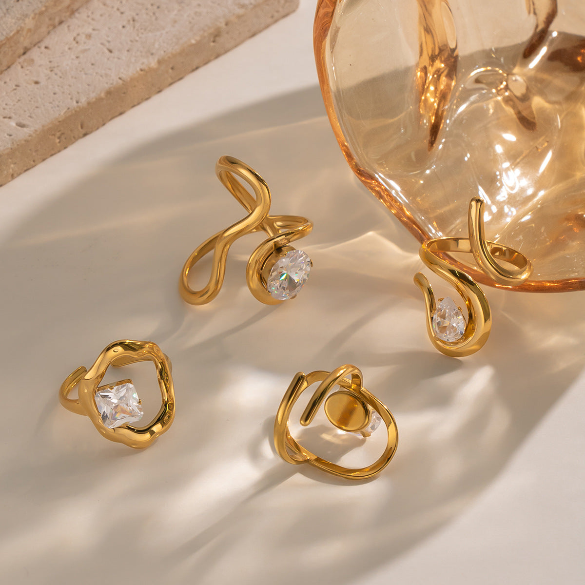 Ling Exaggerated Irregular Geometric Open Vacuum Gold Plating Personality Rings