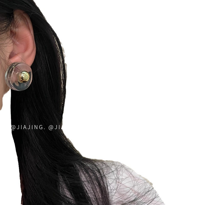 Transparent Acrylic Golden Ball Sier Needle Niche Design Earrings