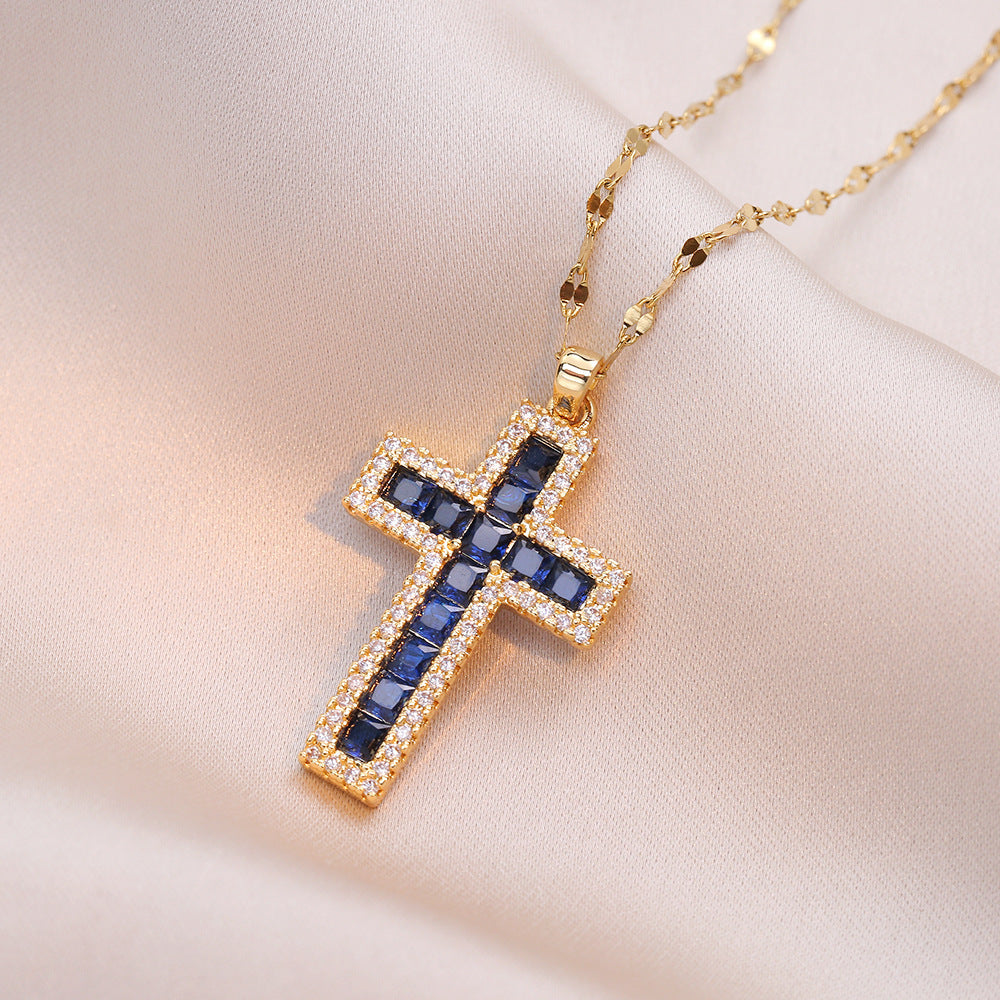 Women's Female Zircon Cross Simple Design Necklace