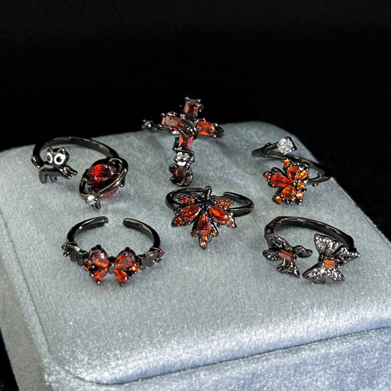 Trendy Cool Full Diamond Dark Style Cross Red Maple Leaf Ring