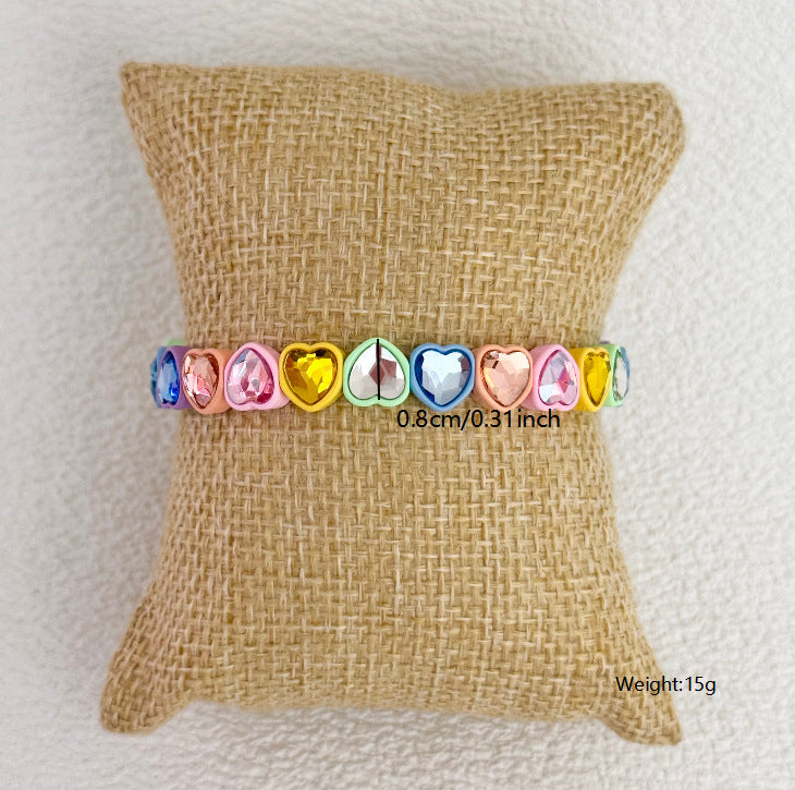 Colored Glass Heart-shaped Diamond Elastic Macaron Bracelets