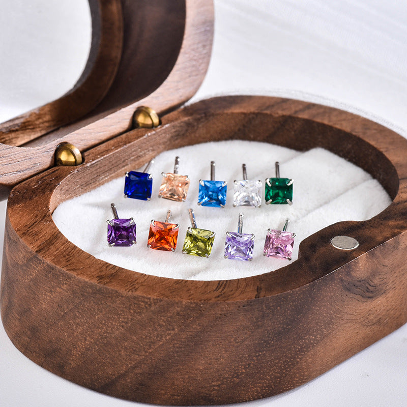 Sier Square Chinese Simple Fashion Zircon Stud Earrings