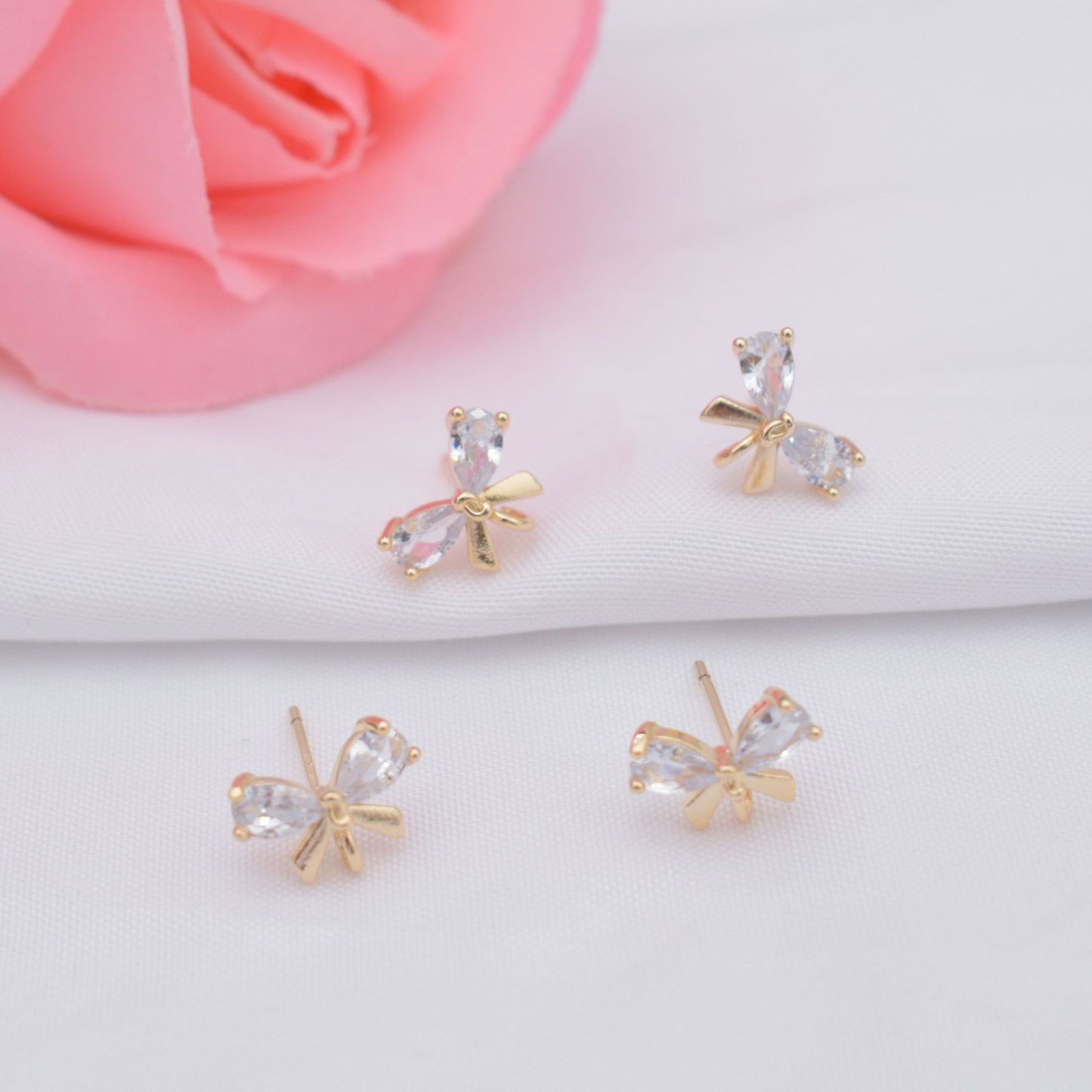 Color Retention Gilded Pure Sier Ear Pin Bow With Handmade Rings
