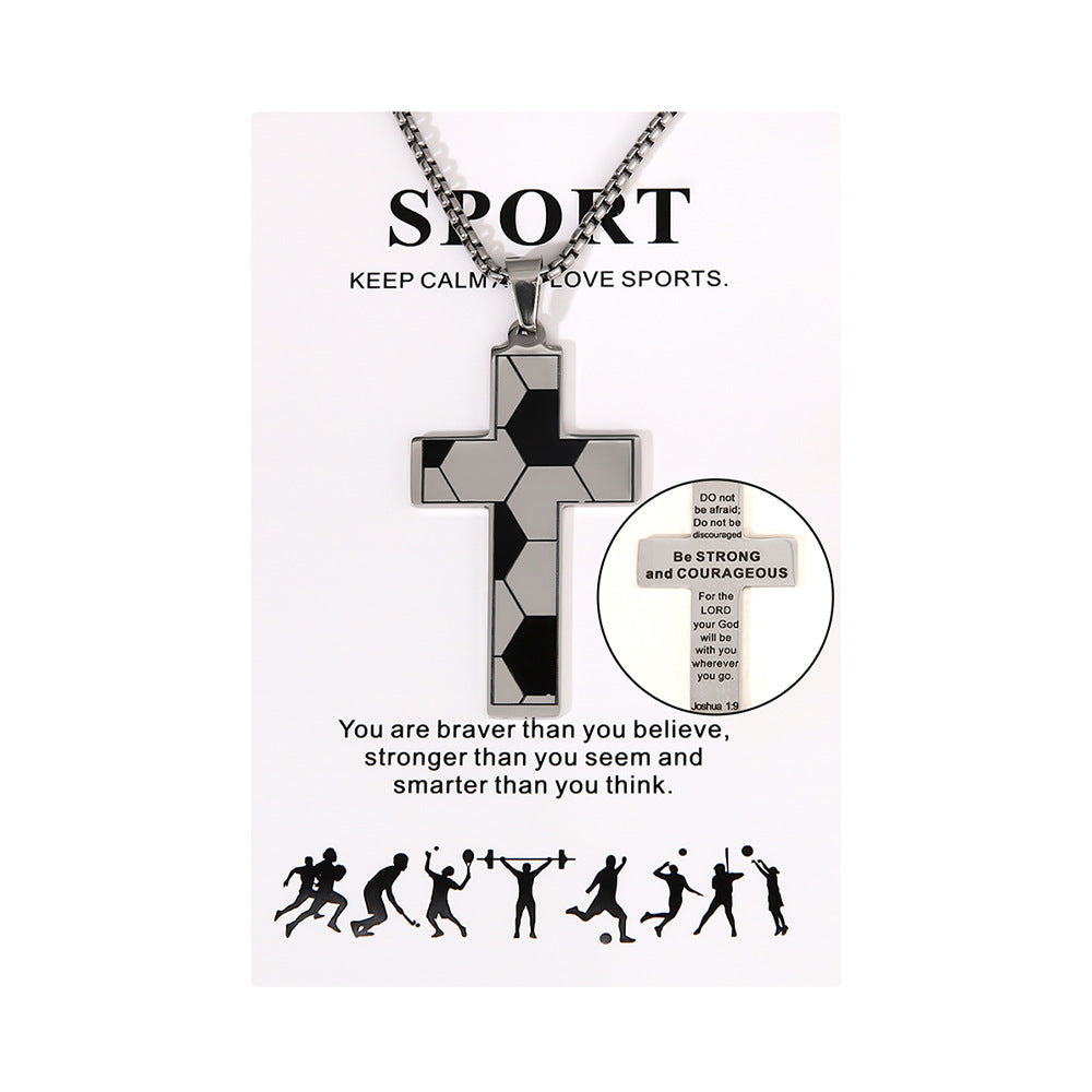 Football Stainless Steel Cross Inscription Sports Necklaces