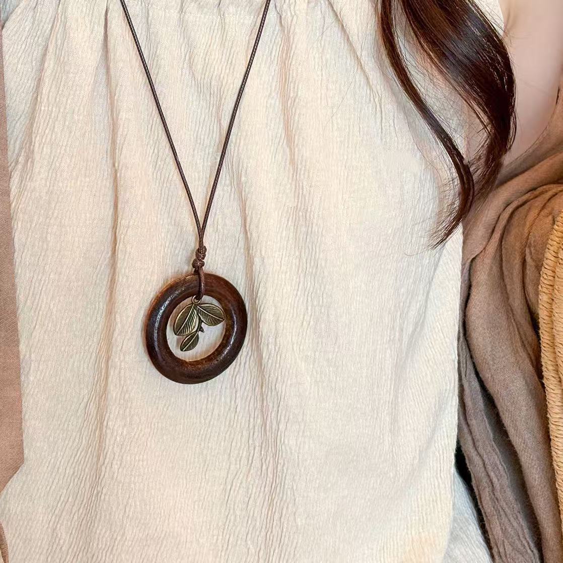 Women's Style Wooden Metal Leaf Braided Rope Ethnic Necklace