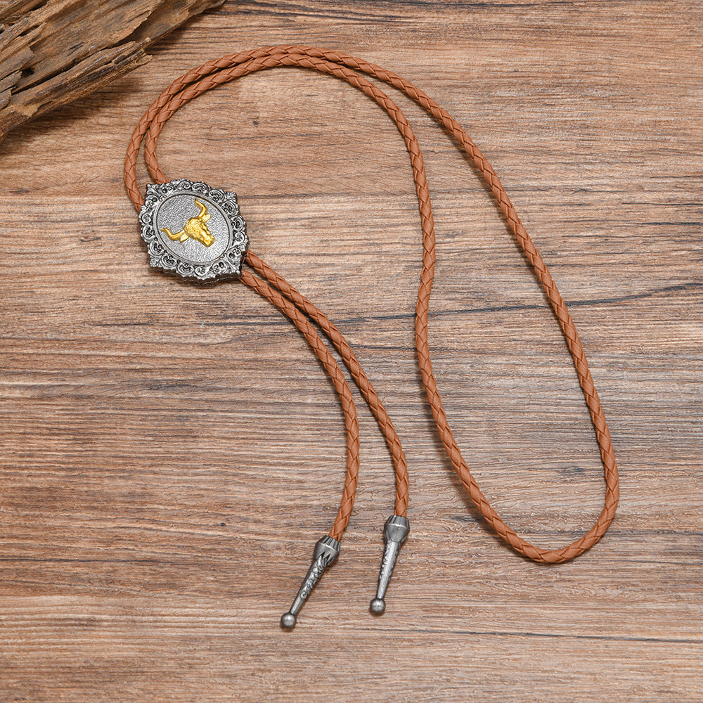 Men's Tie Leather String Horse Head Cow Alloy Long Sweater Chain Pendants