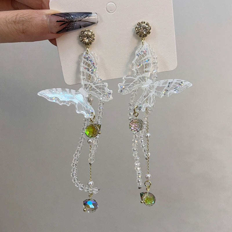Exaggerated Butterfly Pearl Tassel Long Niche Temperament Earrings