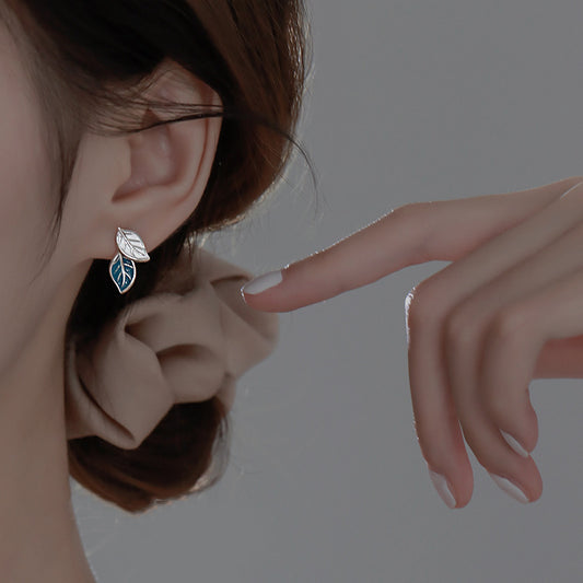 Of Blue Tree Leaves Ear Female Winter Niche Design Simple Stud Earrings