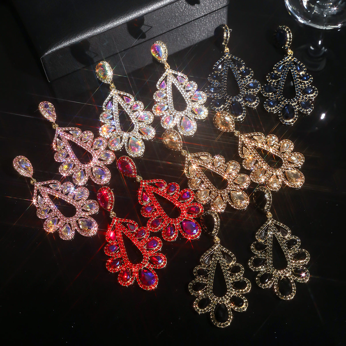 Glass Rhinestone Long Water Drop Female Earrings