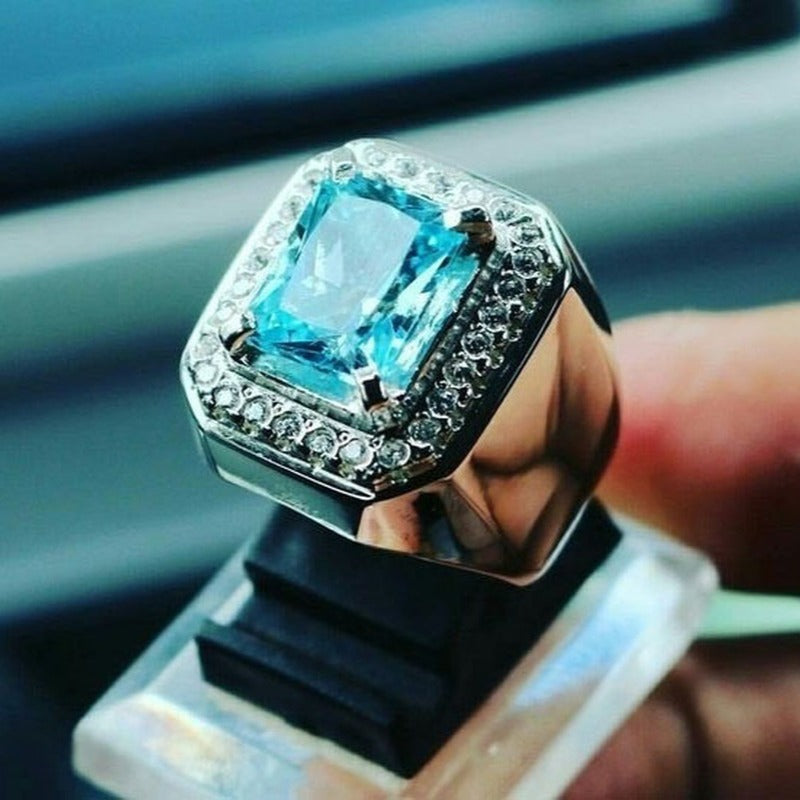 Men's Aquamarine Personalized Luxury Diamond Fashion Sier Exaggerated Ring