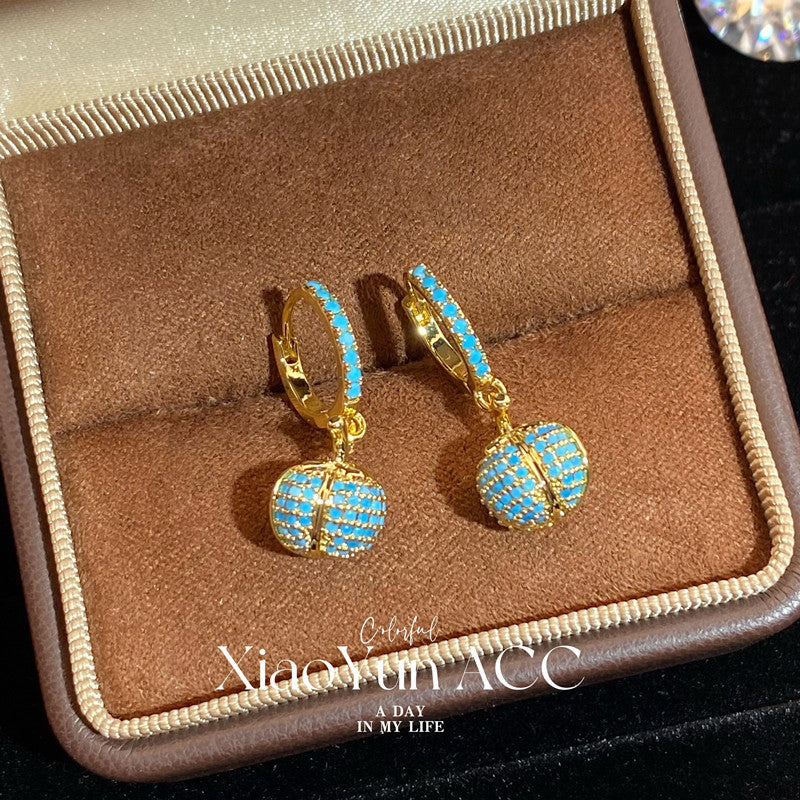 Women's French Retro Turquoise Full Diamond Bag Ear Clip Light Luxury Earrings