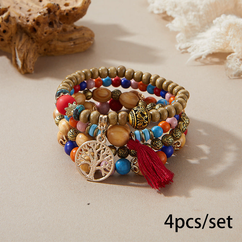 Bohemian Style Wooden Bead Beaded Elastic Bracelet