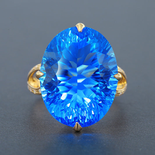 Big Diamond Colored Gems Open Imitation Swiss Blue Oval Natural Ring