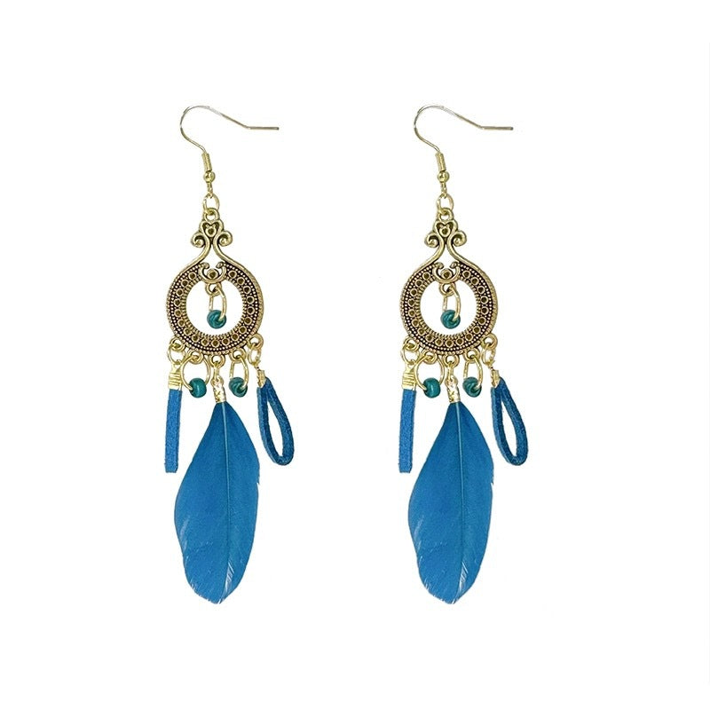 Style Retro Feather Long Holiday Beads Earrings