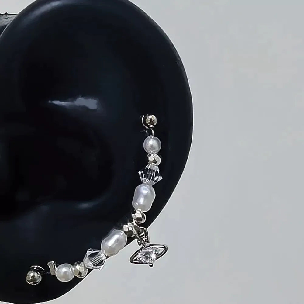 Women's Sier Round Simple Inlaid Saturn Pearl Titanium Steel Screw Ear Earrings