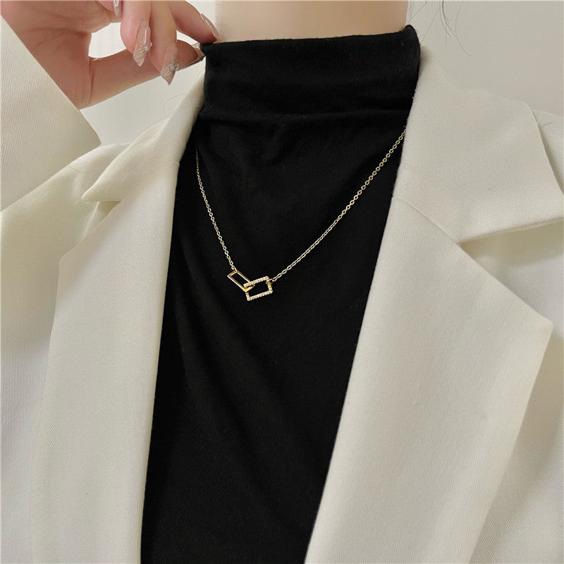 Women's Double Square Niche Geometric Rectangular Jeweled Simple Elegant Stitching Necklaces