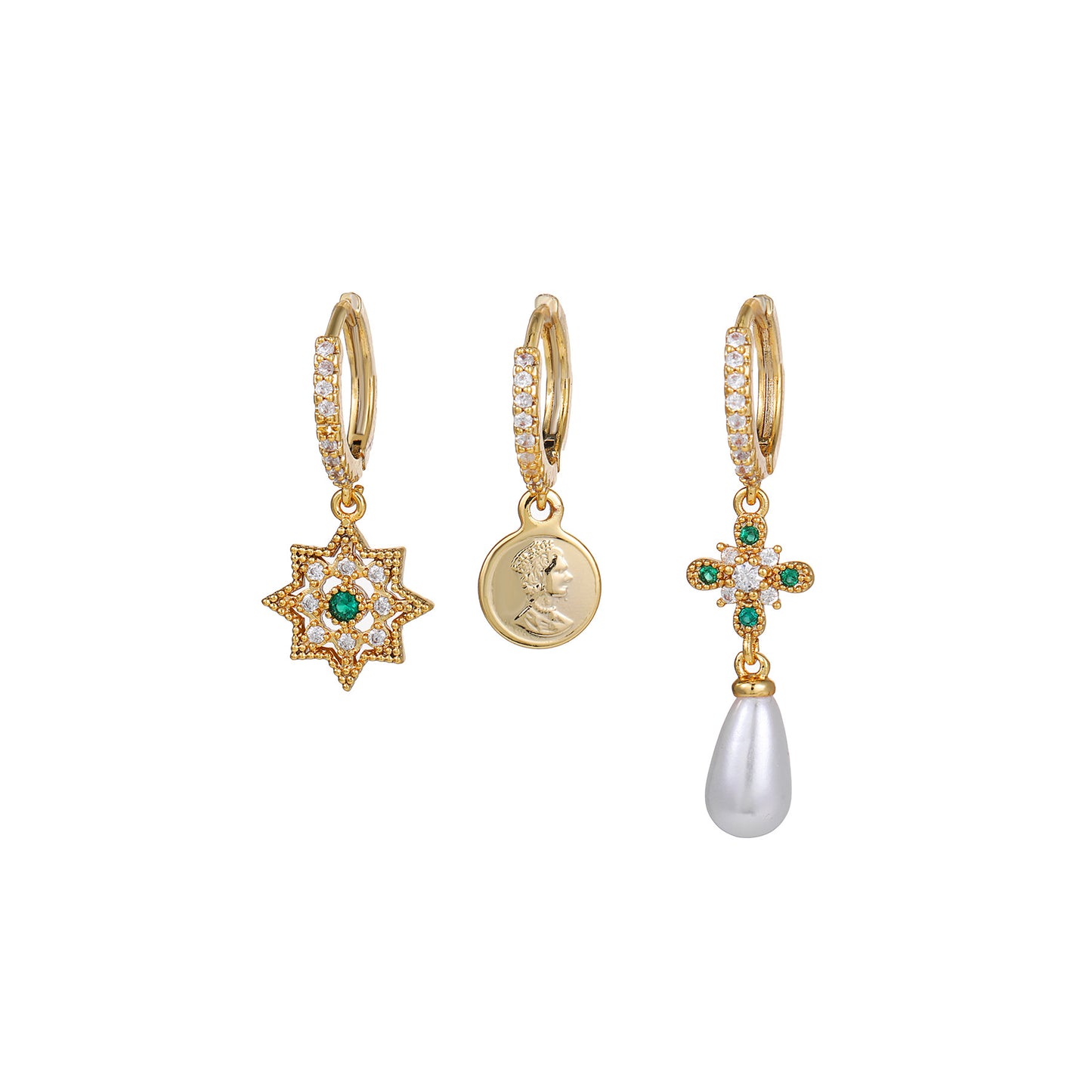 Stylish Fashion Trend Gold Zircon Three-piece Earrings