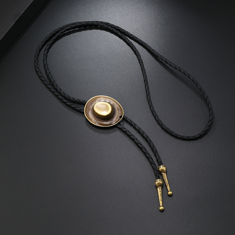 Men's Fedora For Cowhide String Long Sweater Necklace