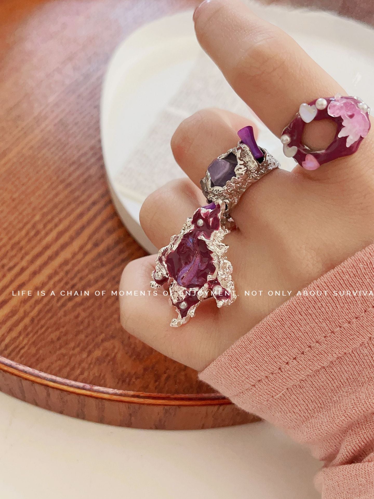 Design Metal Lava Purple Tourmaline Stone Enamel Cold Wind Ring