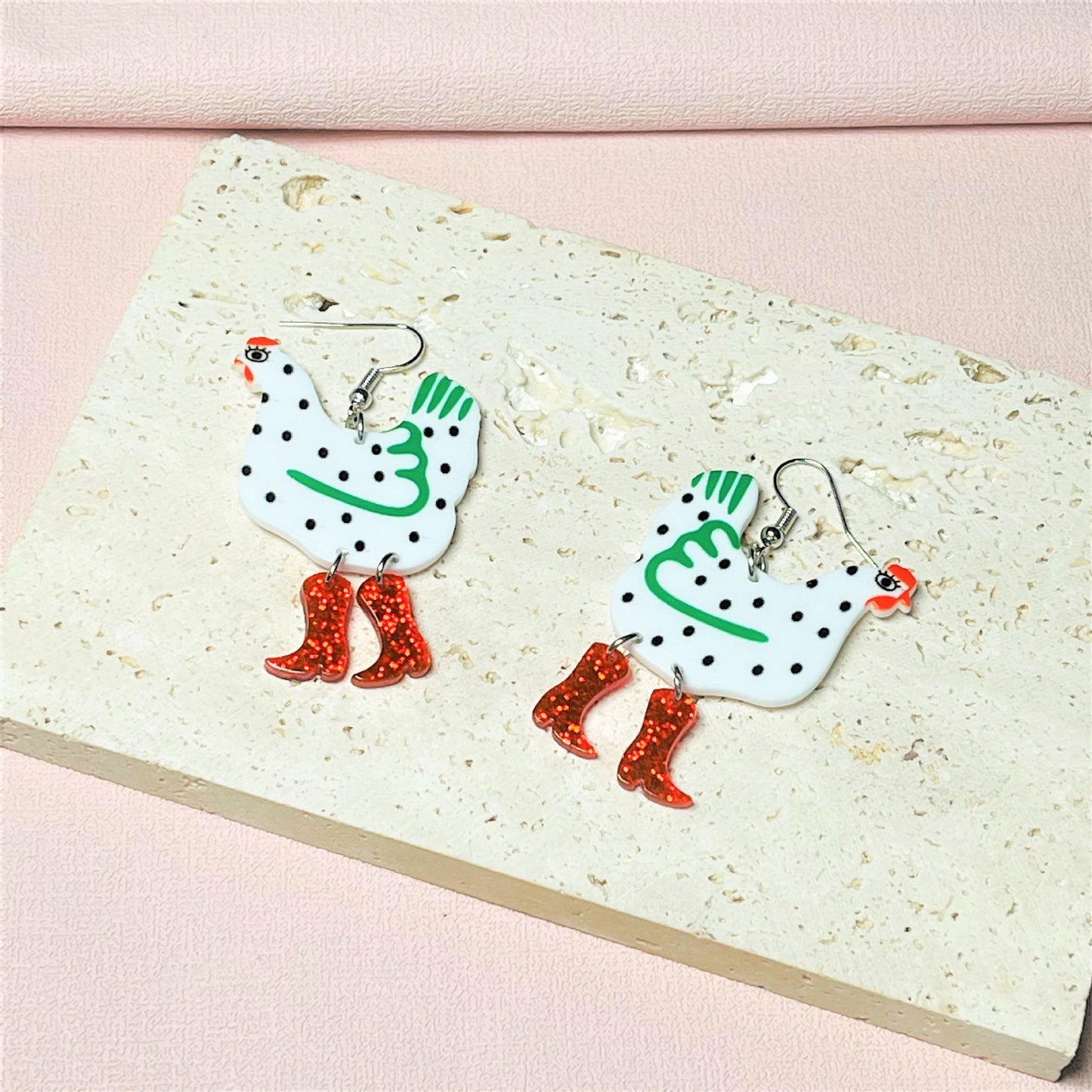 Creative Rooster Stitching Acrylic Printing Chicken Strange Earrings