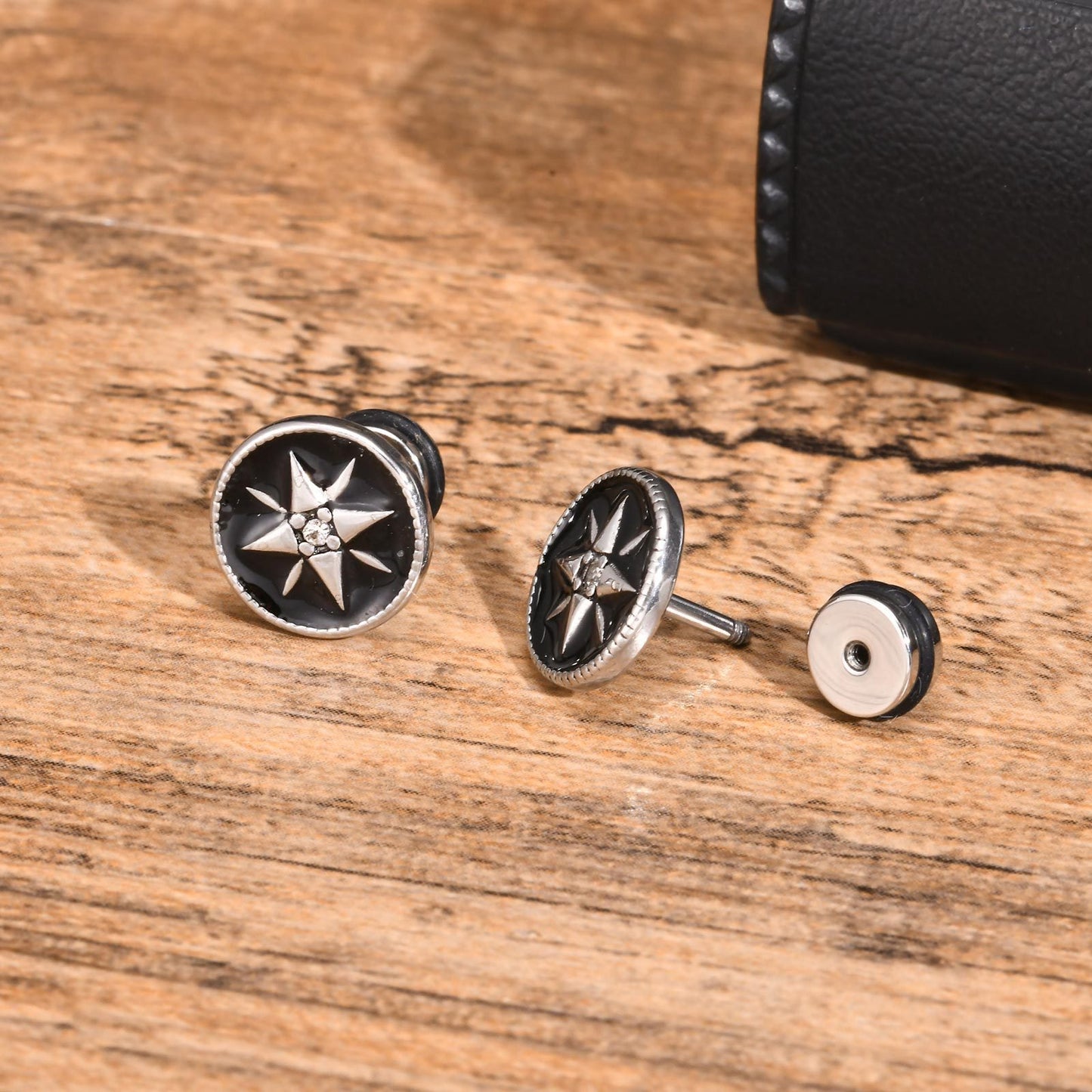Hop Stainless Steel Drop Vinyl Zircon Eight Awn Star Round Stud Earrings