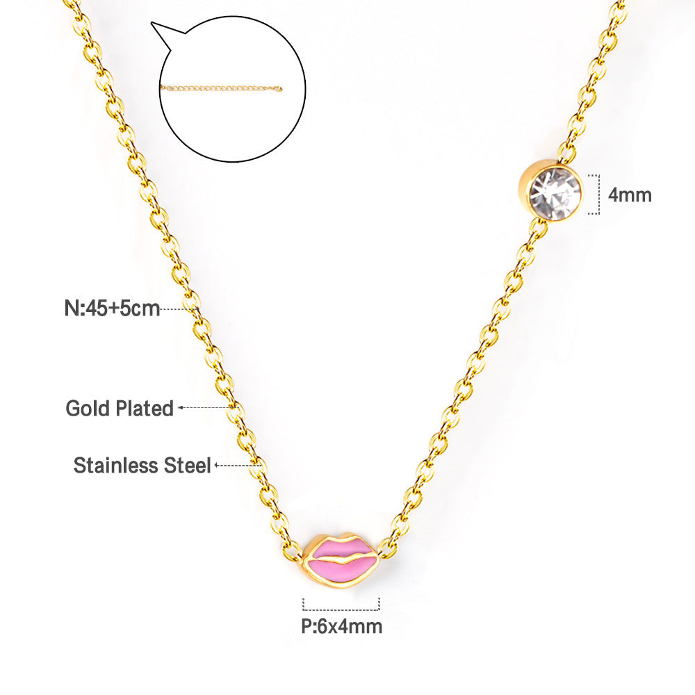 Women's Dripping Red Lip With Round Diamond Clavicle Chain Necklace
