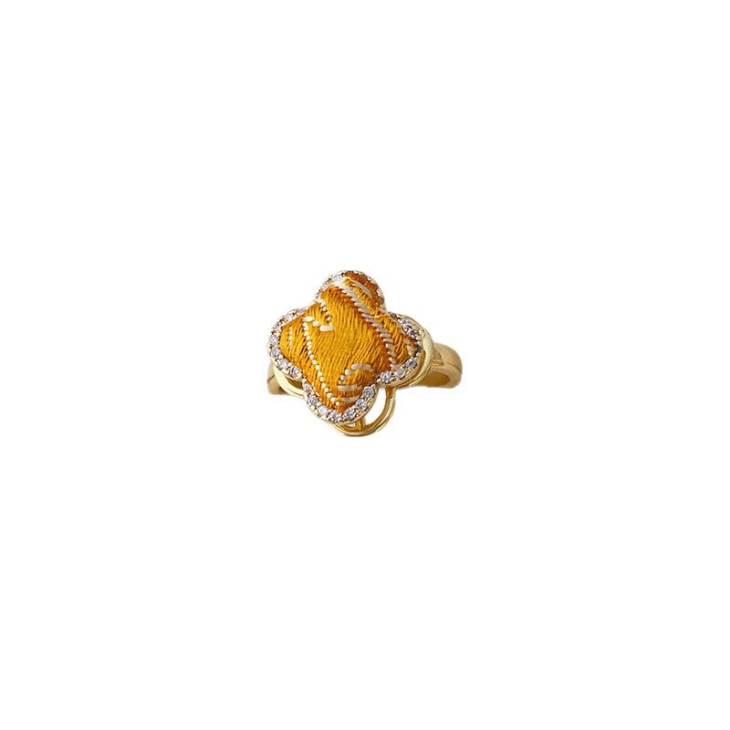Style Song Dynasty Brocade Clover Rotatable Finished Delicate Rhinestone Copper Rings
