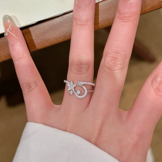 Diamond Star Moon Simple Daily Twin Open Female Ring