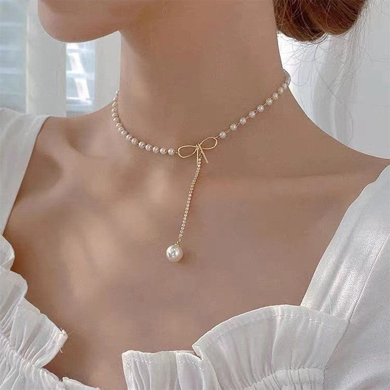 Pearl Sweet Bow Clavicle Chain Y-shaped Artificial High Necklaces