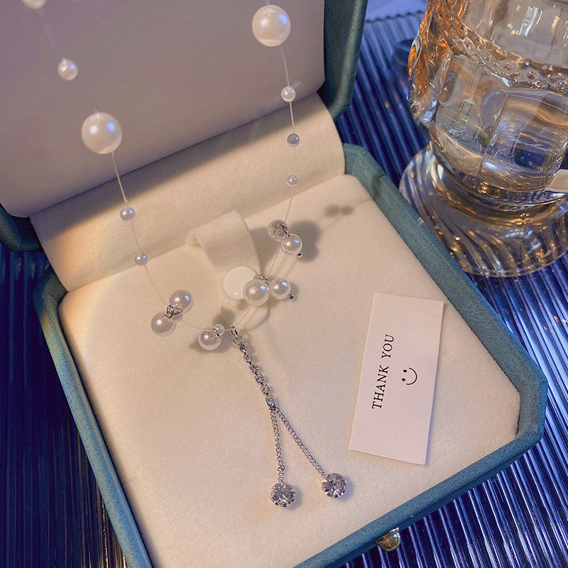Women's Zircon Tassel High-grade Vintage Pearl Fishline Clavicle Chain Necklace