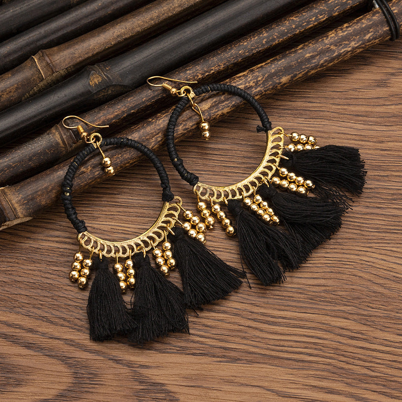 Women's Ethnic Style Bead Tassel Hand-woven Yunnan Earrings
