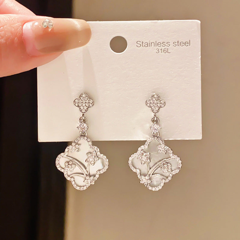 Needle Light Luxury Zircon Clover Flower Fritillary Stud Earrings