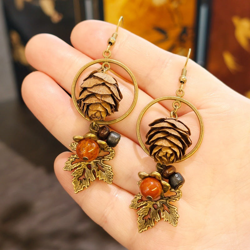 Palace Niche Exotic Plant Dried Fruit Maple Leaf Dangling Earrings