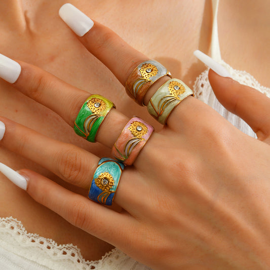 Oil Dripping Diamond Sunflower Open Personality Rings