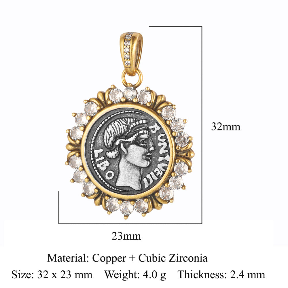 Style Vintage Ancient Sier Coin Copper Zircon Pendants