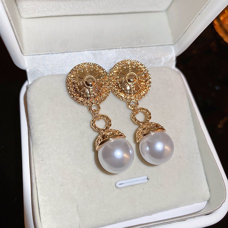 Women's Metal Round Imitation Pearl Tassel Sier Pin French Retro Baroque Earrings