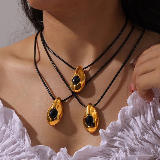 Women's Fashion Popular Titanium Steel Gold Plated Leather Rope Water Drop Necklaces
