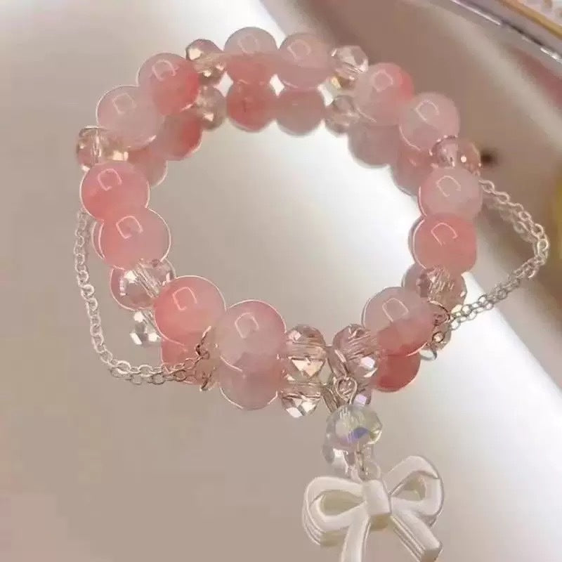 Peach Pink Glass Beaded Fresh Sweet Temperament White Bow Pony Bracelets
