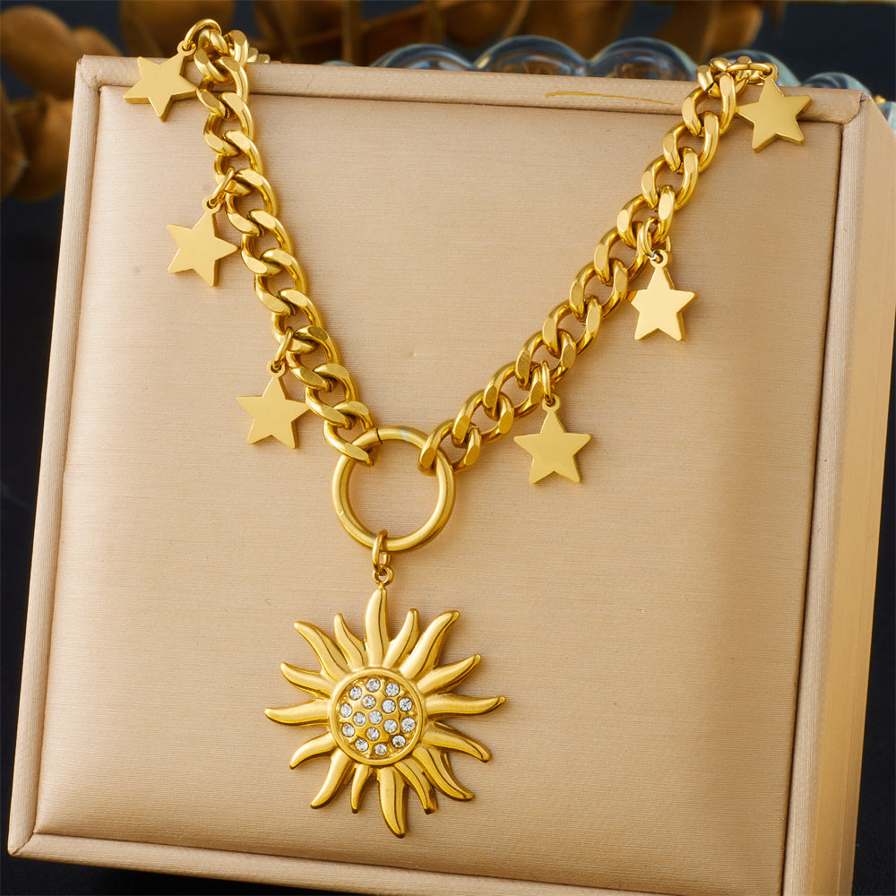 Gold Plated Sun Cross Goddess Eight Awn Star Curb Stainless Necklaces