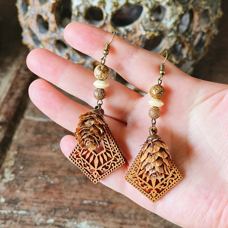 Style Retro Minority Mori Bohemian Indian Wandering Hollow Wood Grain Earrings