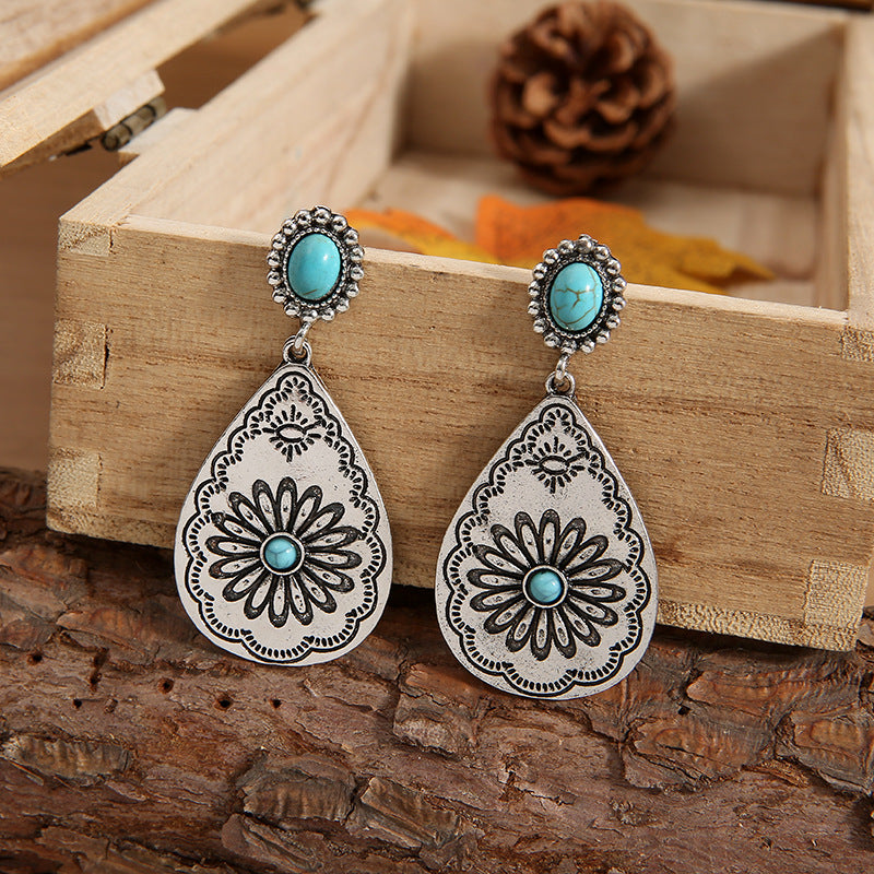 Vintage Turquoise Carved Water Drop Sunflower Earrings