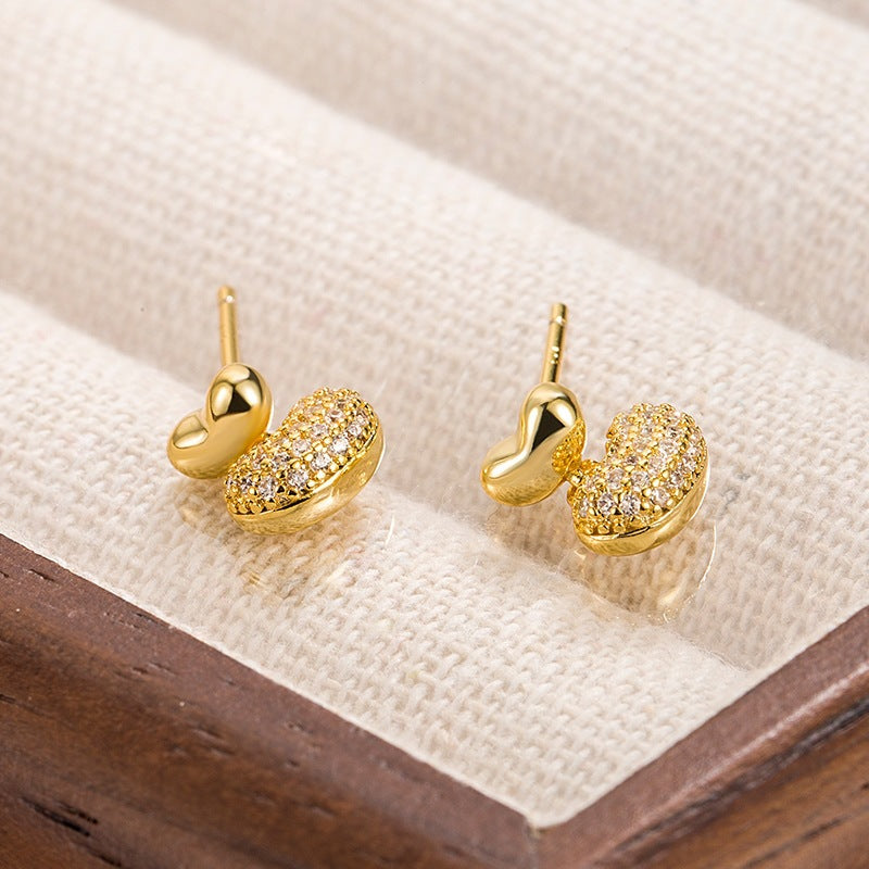 Women's Bowl Bean Exquisite Small High Sense Loving Heart Zircon Eardrops Stud Earrings