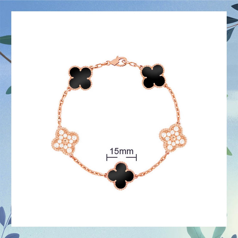 Women's Four-leaf Clover Rose Gold Red Agate Black White Shell Flower Bracelet