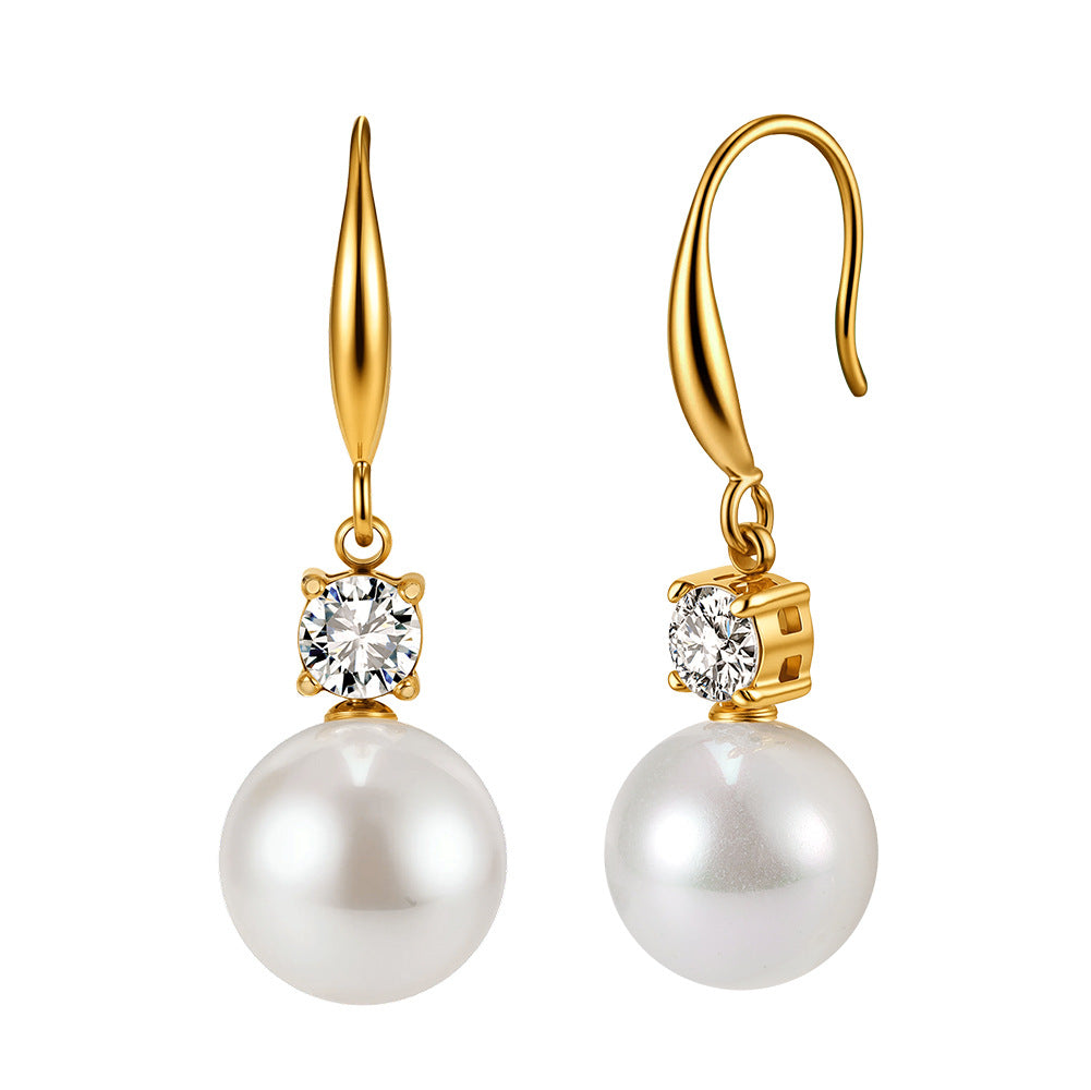 Large Pearl Long Elegant Fashionable Light Luxury Diamond Stainless Earrings