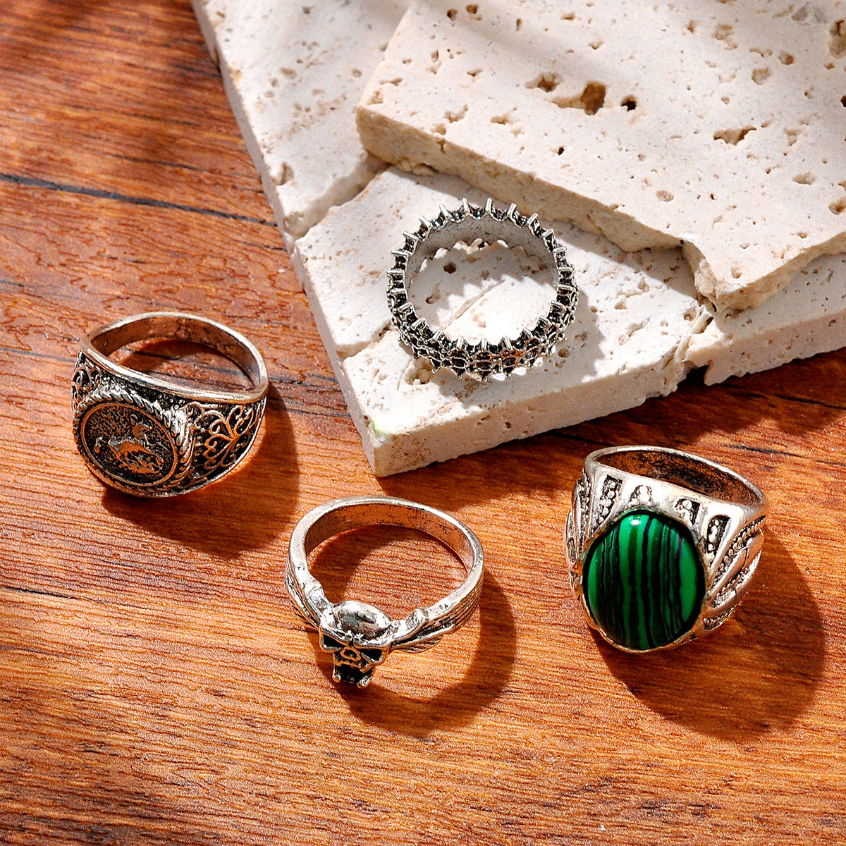 Malachite Horse Totem Flame Skull Personality Fashion Hip Hop Ring