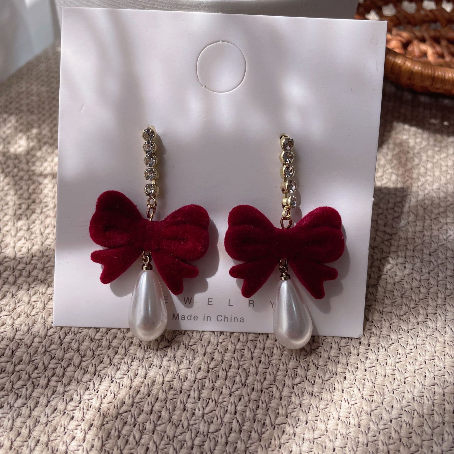 Bridal Red Veet Bow Heart Pearl Toast Earrings