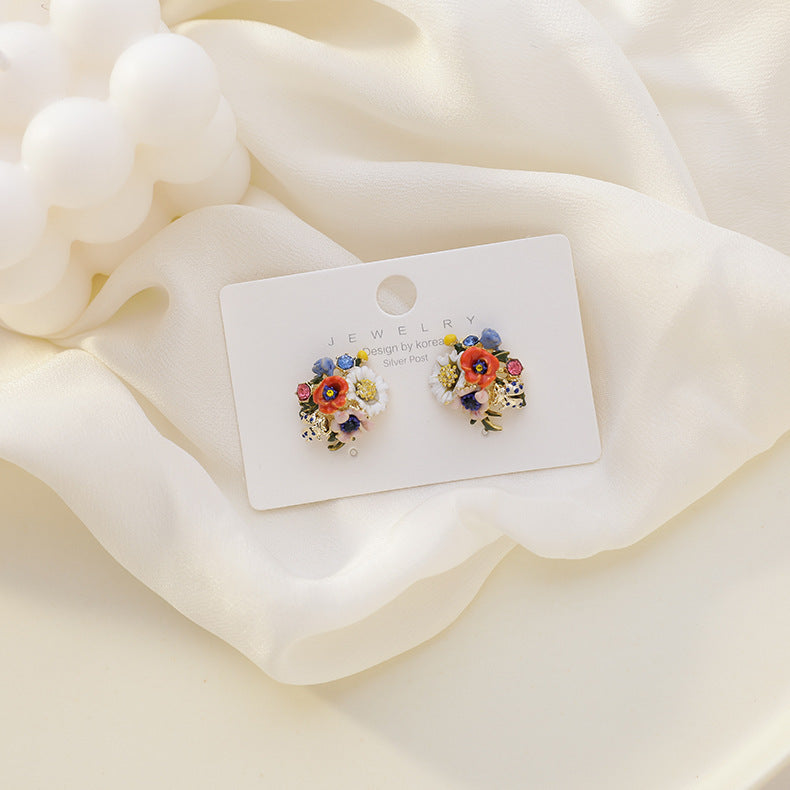 Enamel Glaze Flower Sier Needle Fashion Grass Drop Oil Asymmetric Earrings
