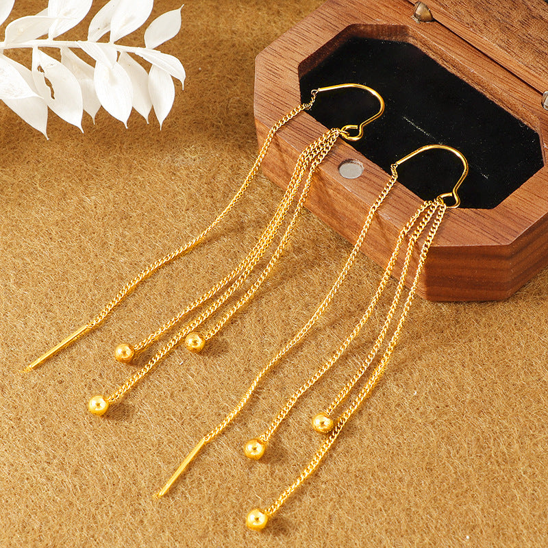 Women's High-grade Golden Bean Tassel Titanium Steel Long Ear Line